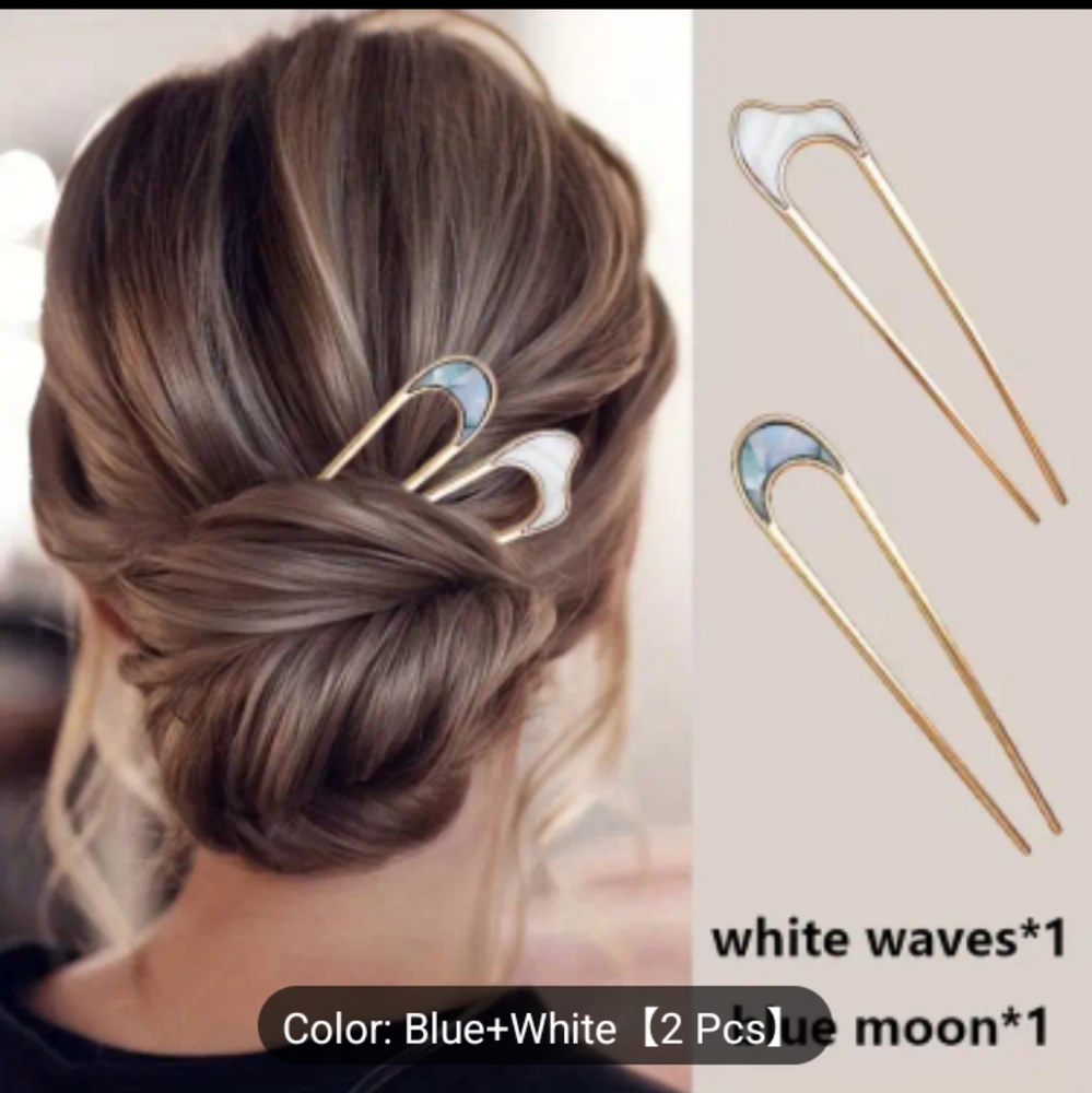2 pc French Style Elegant White & Blue Hair Pins